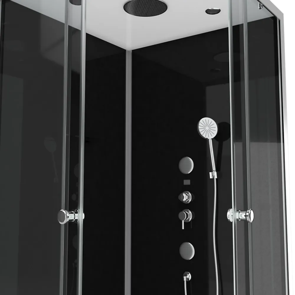 Cabine De Douche|Galedo Cabine de douche l.90 x L.90 x H.215 cm – hydromassante, fond noir verre trempé, profilés chromés, tablette, Black 2