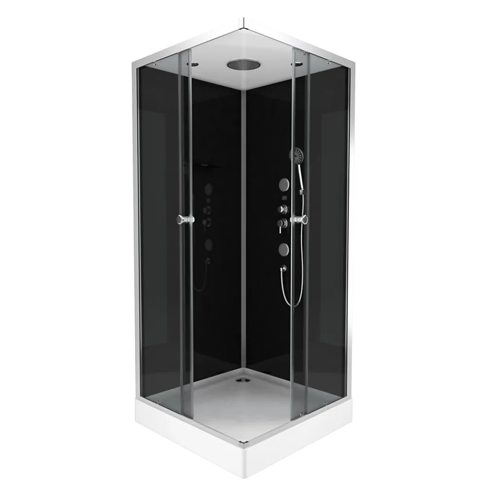 Cabine De Douche|Galedo Cabine de douche l.90 x L.90 x H.215 cm – hydromassante, fond noir verre trempé, profilés chromés, tablette, Black 2