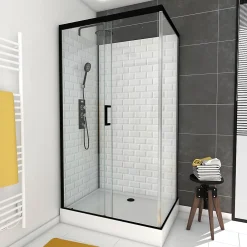 Cabine de douche L.80 x L.110 x H.230 cm – fond effet métro, douchette anticalcaire, style noir & blanc, Galedo Metro