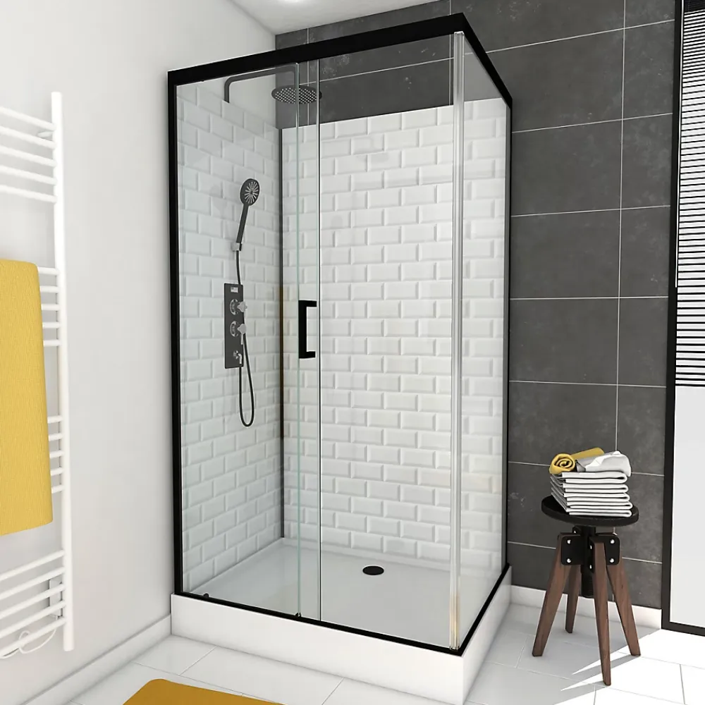Cabine de douche L.80 x L.110 x H.230 cm – fond effet métro, douchette anticalcaire, style noir & blanc, Galedo Metro