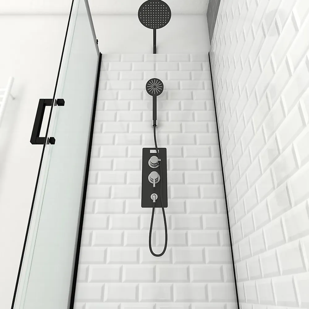 Cabine de douche L.80 x L.110 x H.230 cm – fond effet métro, douchette anticalcaire, style noir & blanc, Galedo Metro