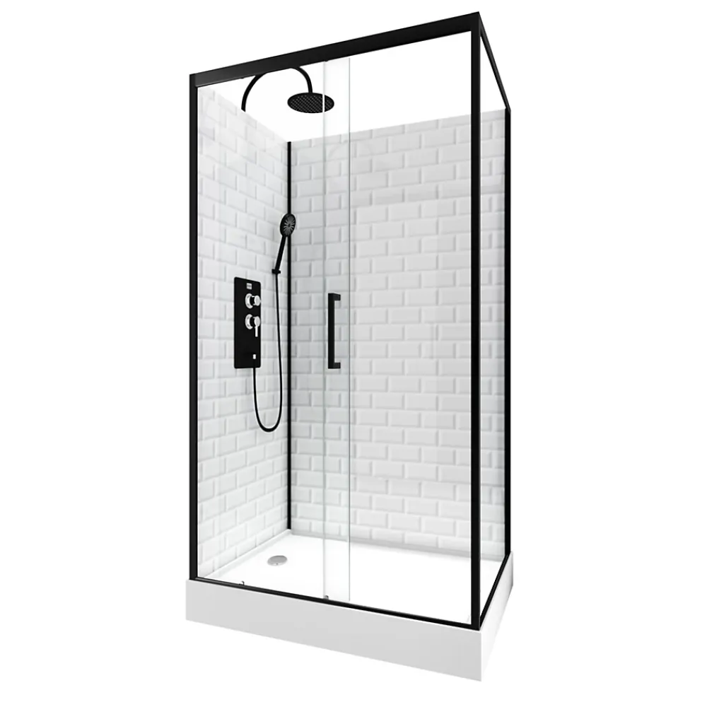 Cabine de douche L.80 x L.110 x H.230 cm – fond effet métro, douchette anticalcaire, style noir & blanc, Galedo Metro