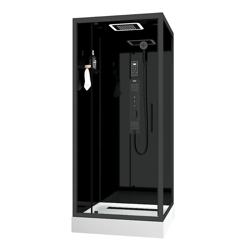 Galedo Cabine de douche l.90 x L.90 x H.218 cm – hydromassante connectée, Bluetooth, noir & blanc, Aura Square