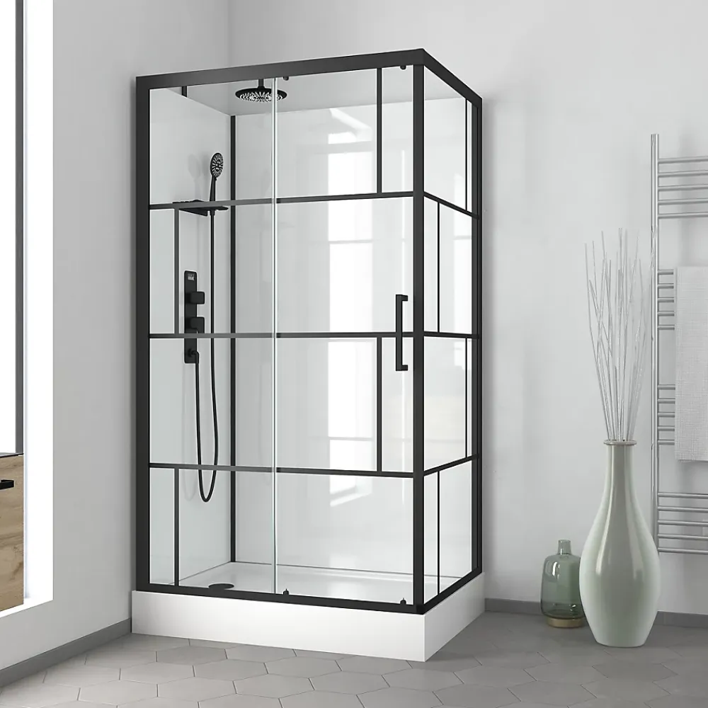 Galedo Cabine de douche l.80 x L.110 x H.215 cm – sérigraphie graphic, design noir & blanc effet verrière, Graphic