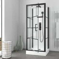 Cabine De Douche|Galedo Cabine de douche l.80 x L.80 x H.213 cm – sérigraphie graphic, porte pivotante, design noir & blanc effet verrière, Graphic