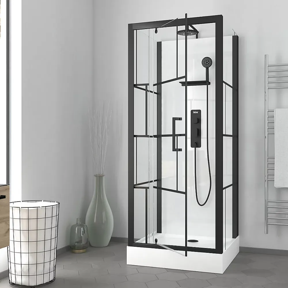 Cabine De Douche|Galedo Cabine de douche l.80 x L.80 x H.213 cm – sérigraphie graphic, porte pivotante, design noir & blanc effet verrière, Graphic