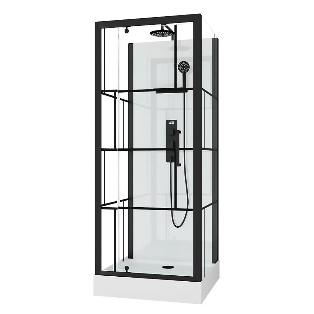 Cabine De Douche|Galedo Cabine de douche l.80 x L.80 x H.213 cm – sérigraphie graphic, porte pivotante, design noir & blanc effet verrière, Graphic