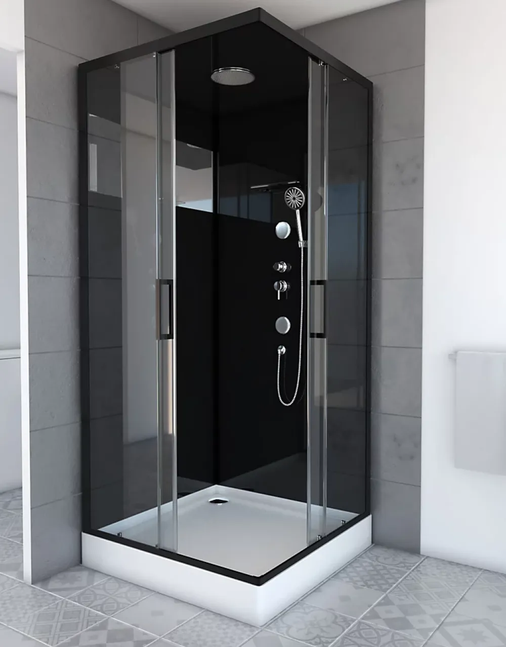 Cabine De Douche|Galedo Cabine de douche l.90 x L.90 x H.230 cm – design noir, hydromassante, miroir intégré, portes coulissantes, Mirror 2 Square