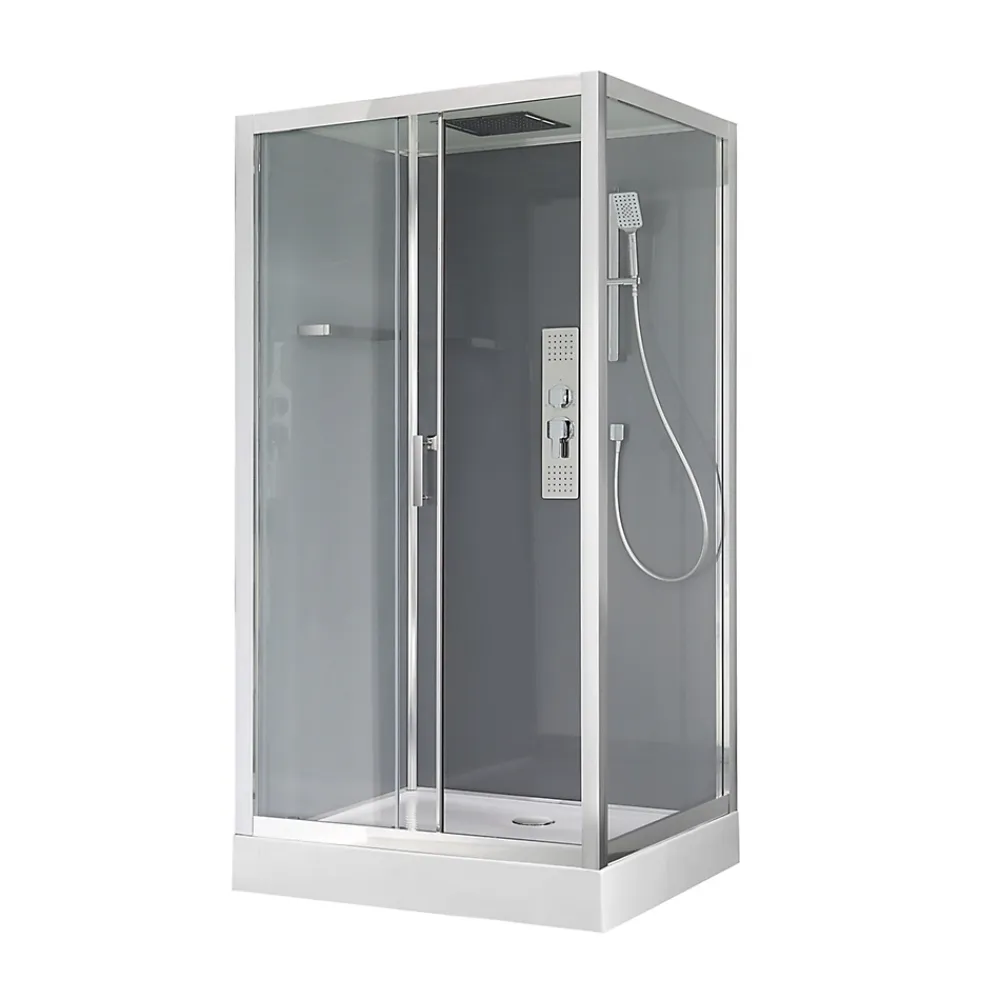 GoodHome Cabine de douche l.90 x L.110 x H.220 cm – hydromassante, fond gris profilés chromés, Beloya