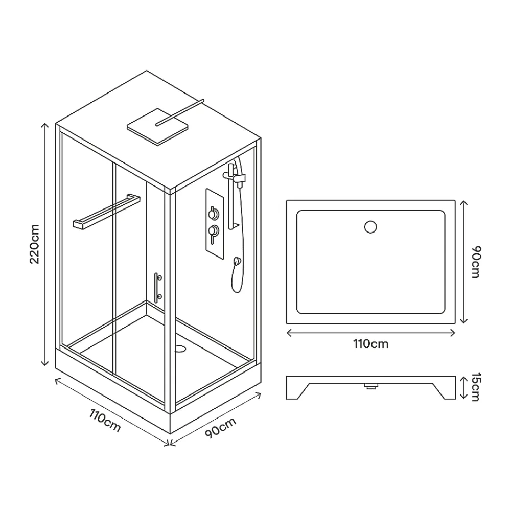 GoodHome Cabine de douche l.90 x L.110 x H.220 cm – hydromassante, fond gris profilés chromés, Beloya