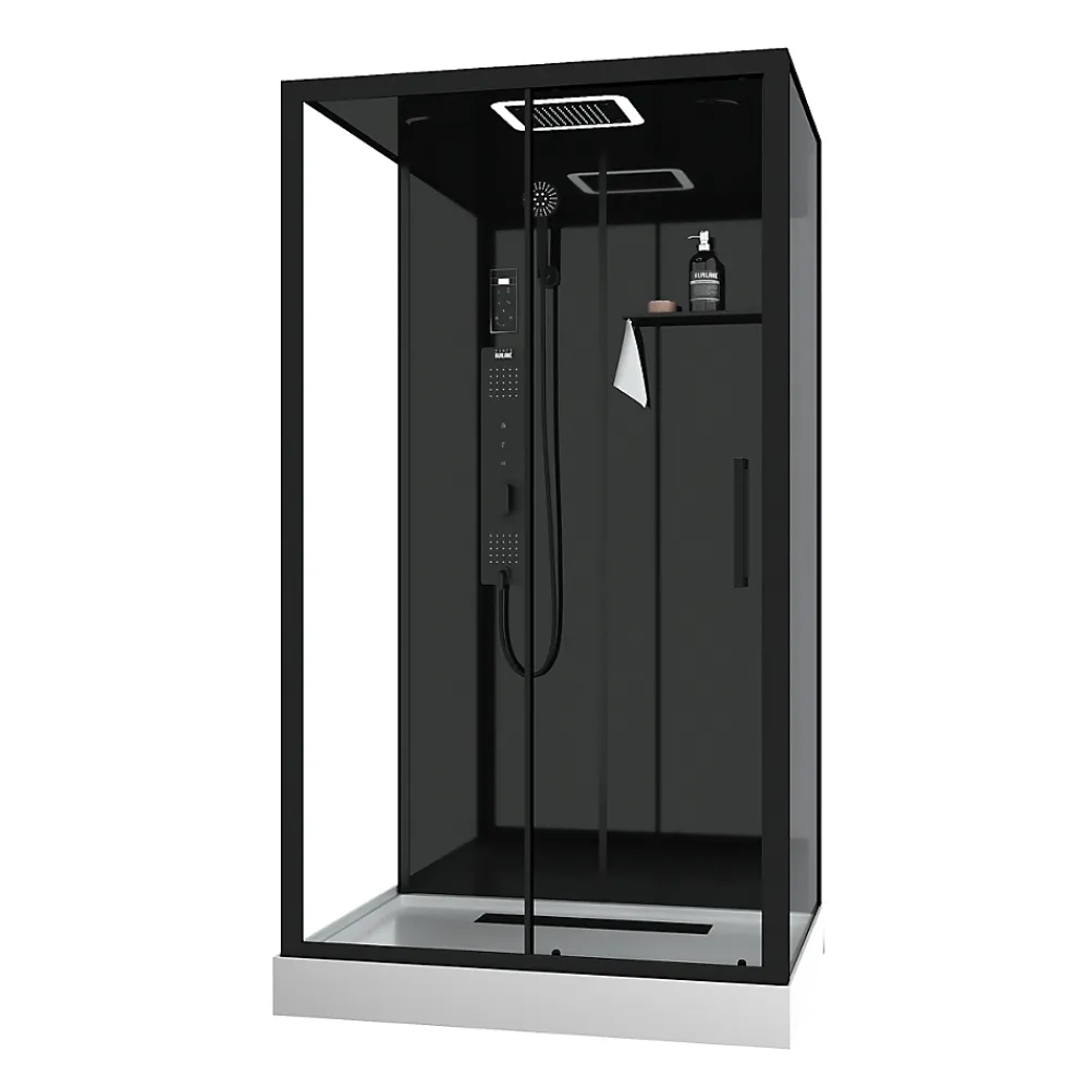 Galedo Cabine de douche l.115 x L.90 x H.220 cm – hydromassante connectée, Bluetooth, noir & blanc, plafond lumineux, Aura