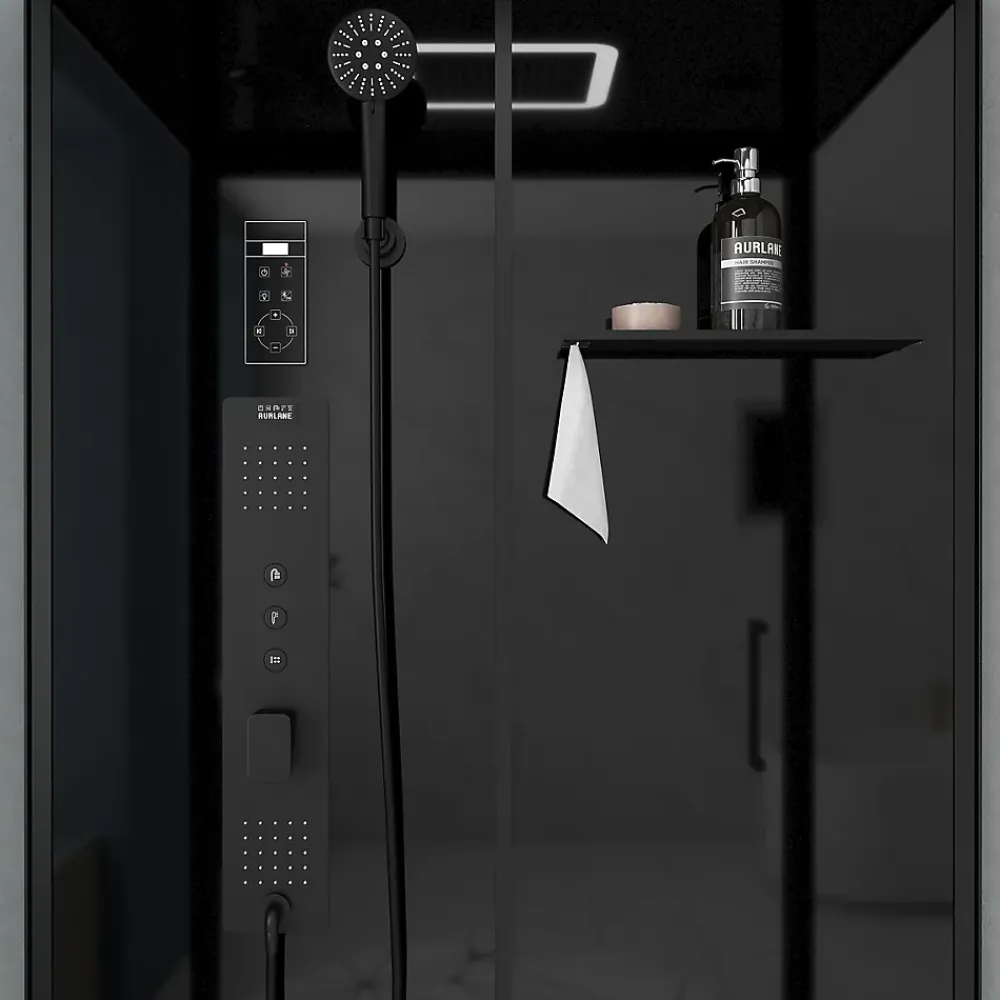 Galedo Cabine de douche l.115 x L.90 x H.220 cm – hydromassante connectée, Bluetooth, noir & blanc, plafond lumineux, Aura