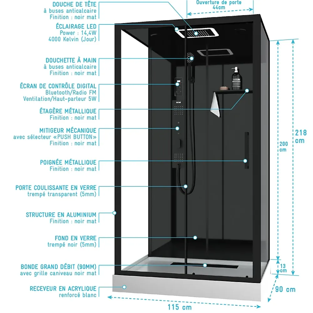 Galedo Cabine de douche l.115 x L.90 x H.220 cm – hydromassante connectée, Bluetooth, noir & blanc, plafond lumineux, Aura