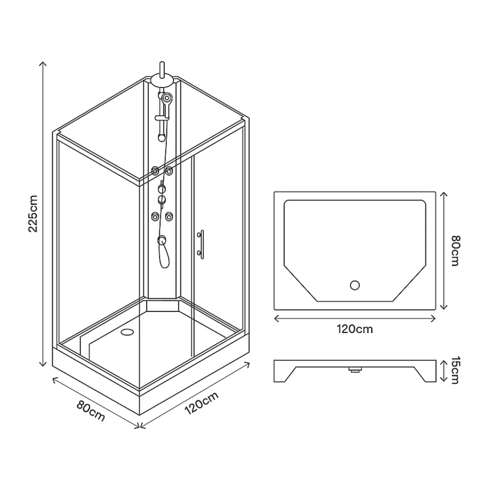 GoodHome Cabine de douche l.80 x L.120 x H.225 cm – hydromassante, grise, profilés chromés, montage rapide, Onega