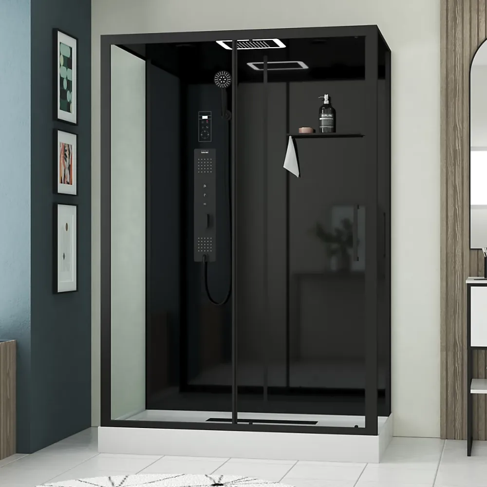 Cabine De Douche|Galedo Cabine de douche l.85 x L.140 x H.218 cm – XXL, hydromassante connectée, Bluetooth, noir & blanc, Aura