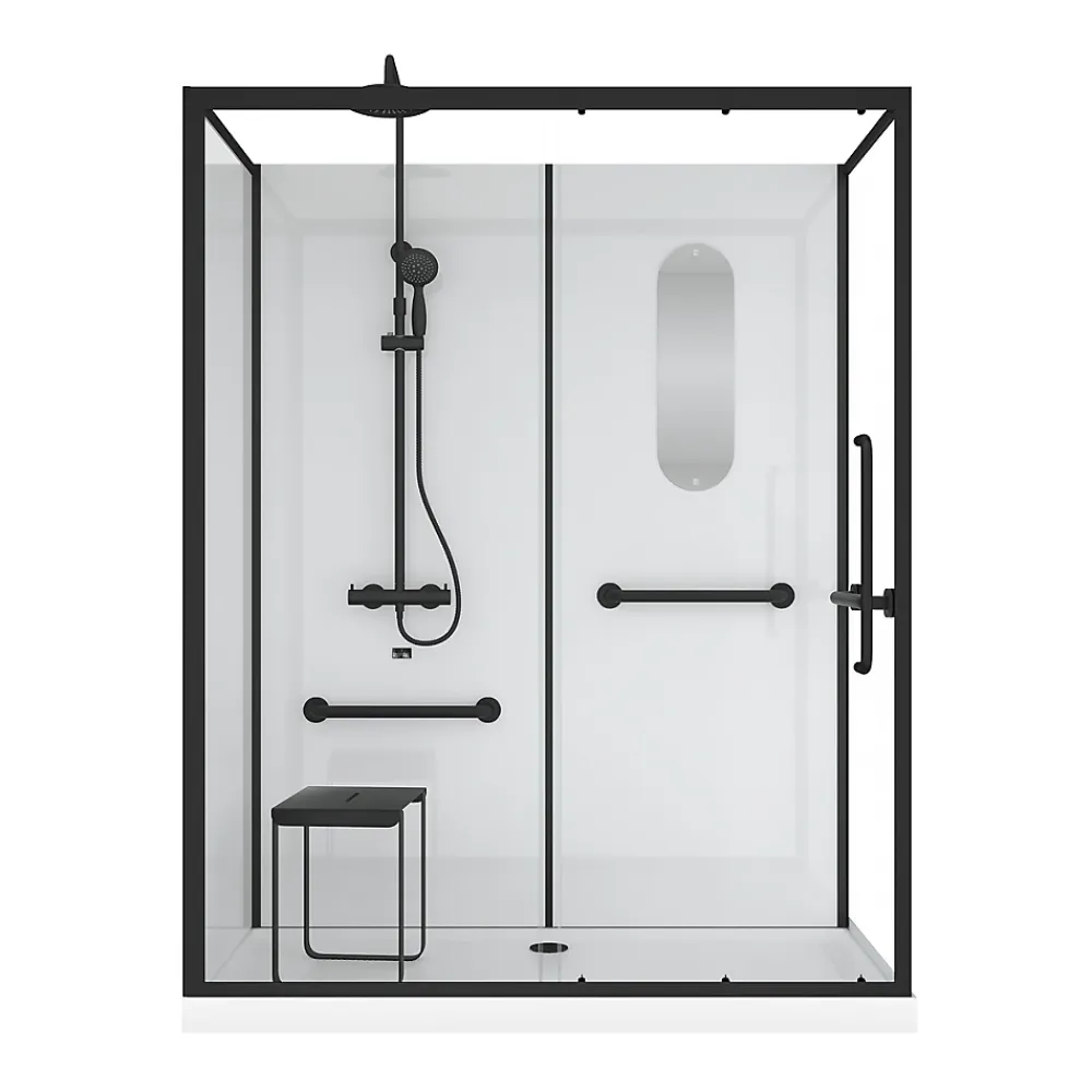 Galedo Cabine de douche l.85 x L.160 x H.200 cm – colonne thermostatique, noir & blanc, siège, large ouverture, Access 2