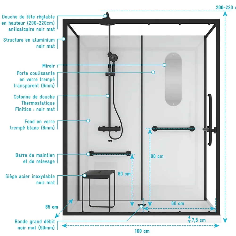 Galedo Cabine de douche l.85 x L.160 x H.200 cm – colonne thermostatique, noir & blanc, siège, large ouverture, Access 2