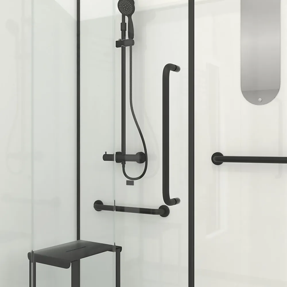 Galedo Cabine de douche l.85 x L.160 x H.200 cm – colonne thermostatique, noir & blanc, siège, large ouverture, Access 2