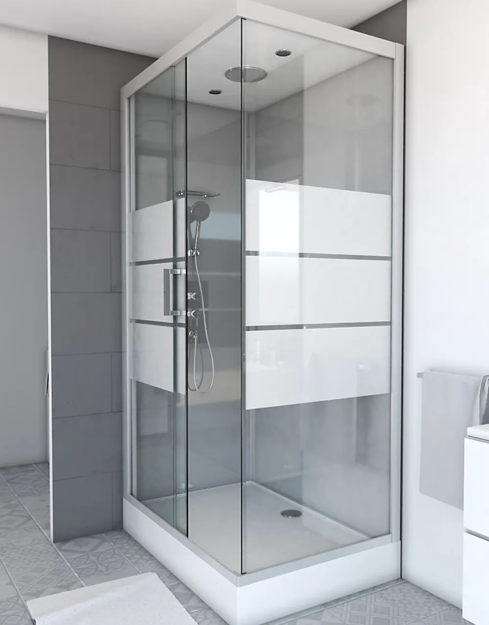 Cabine De Douche|Galedo Cabine de douche l.80 x L.110 x H.215 cm – structure gris métal, sérigraphie 3 bandes, porte coulissante, River 2
