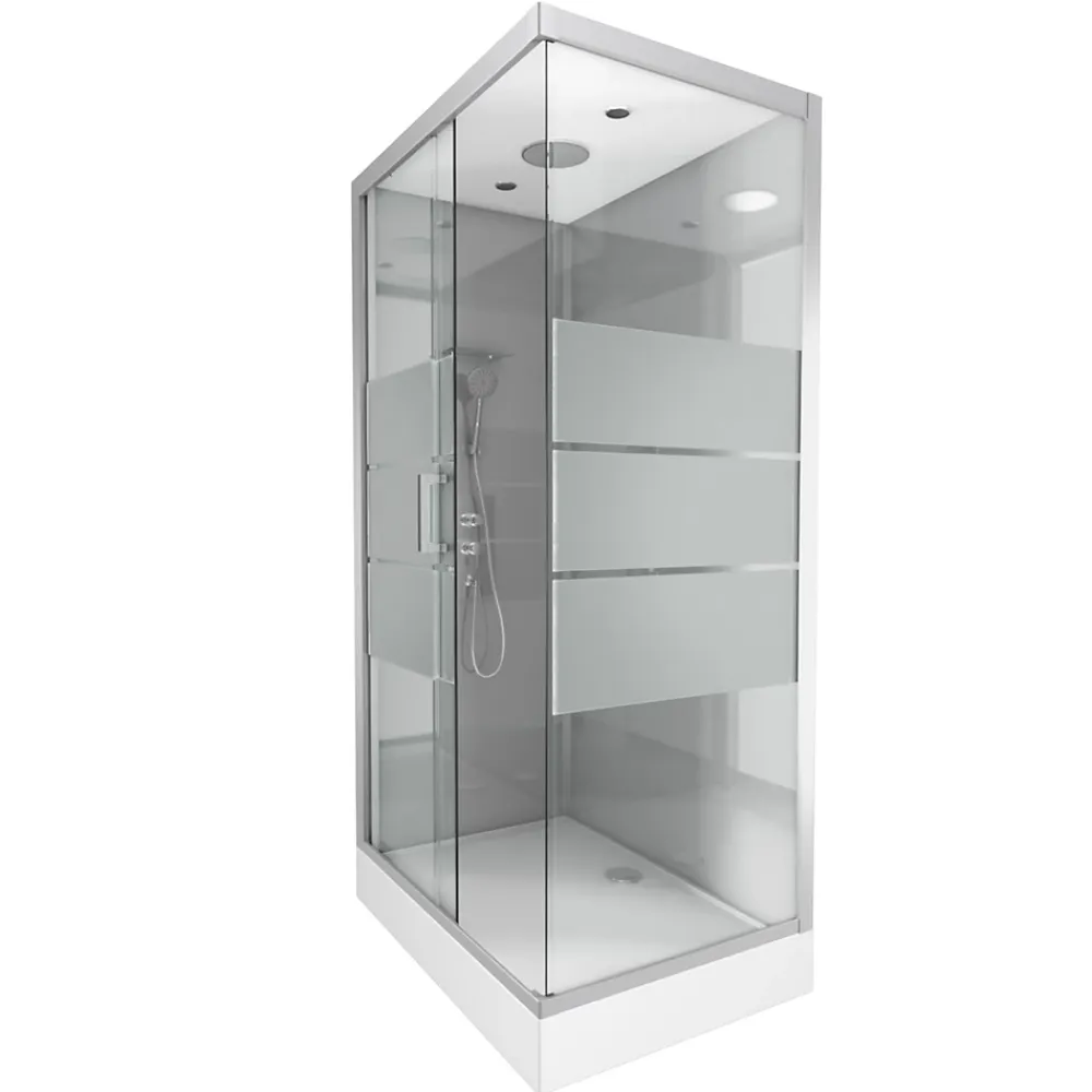 Cabine De Douche|Galedo Cabine de douche l.80 x L.110 x H.215 cm – structure gris métal, sérigraphie 3 bandes, porte coulissante, River 2