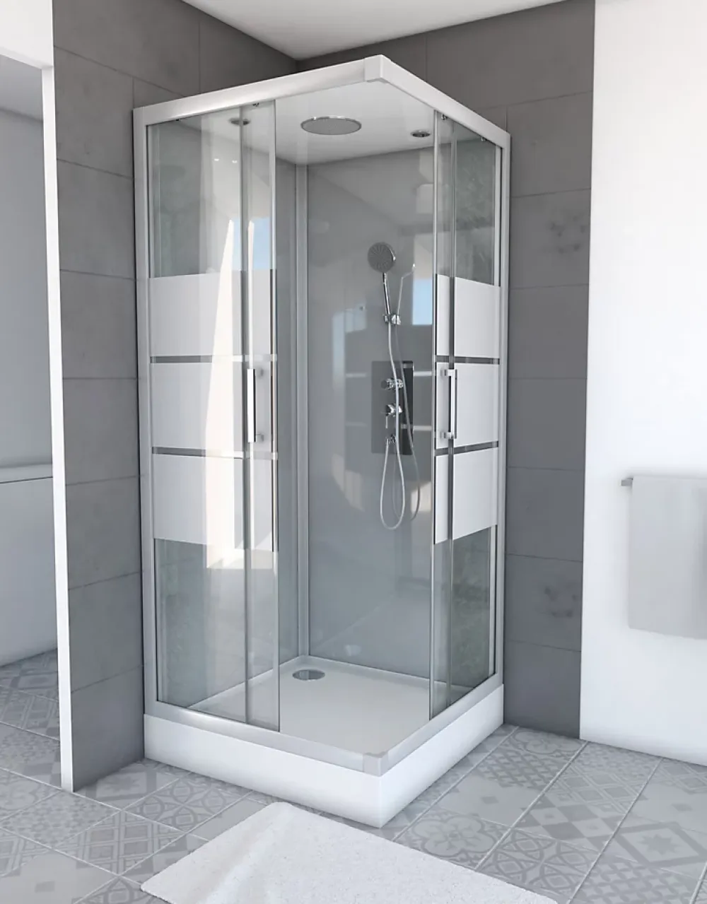 Cabine De Douche|Galedo Cabine de douche l.90 x L.90 x H.215 cm – structure effet chrome, fond gris, sérigraphie 3 bandes, River 2 Square