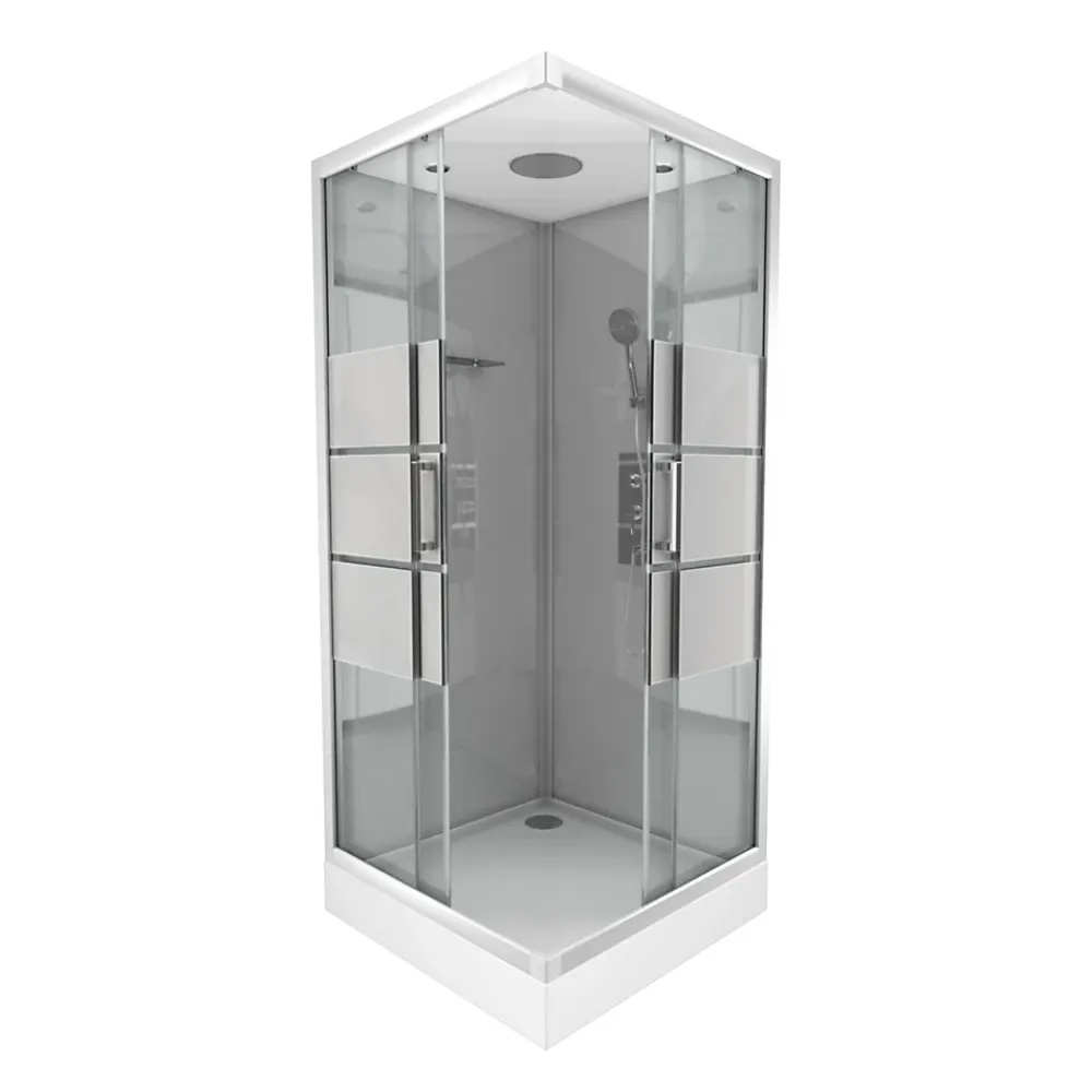 Cabine De Douche|Galedo Cabine de douche l.90 x L.90 x H.215 cm – structure effet chrome, fond gris, sérigraphie 3 bandes, River 2 Square