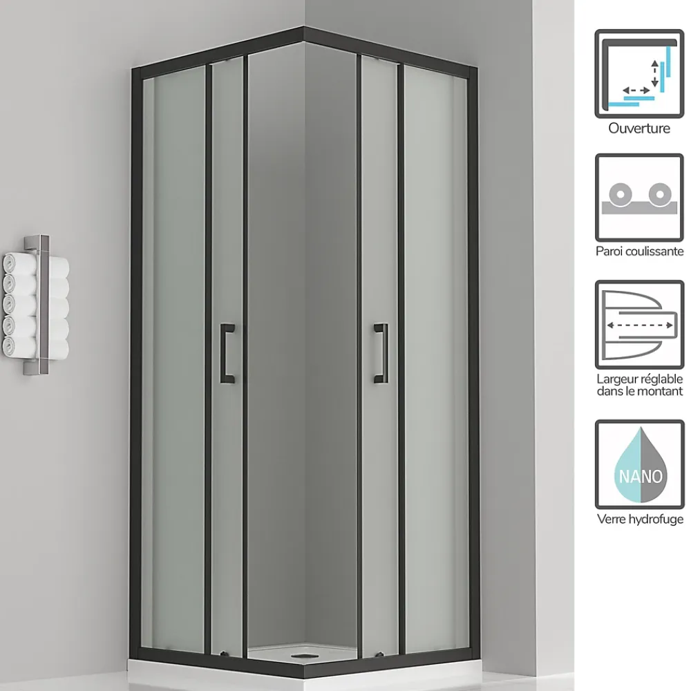 Cabine De Douche|Saniverre Cabine de douche LANABLACK H.185 cm portes coulissantes verre 6 mm opaque 80 x 80 cm -