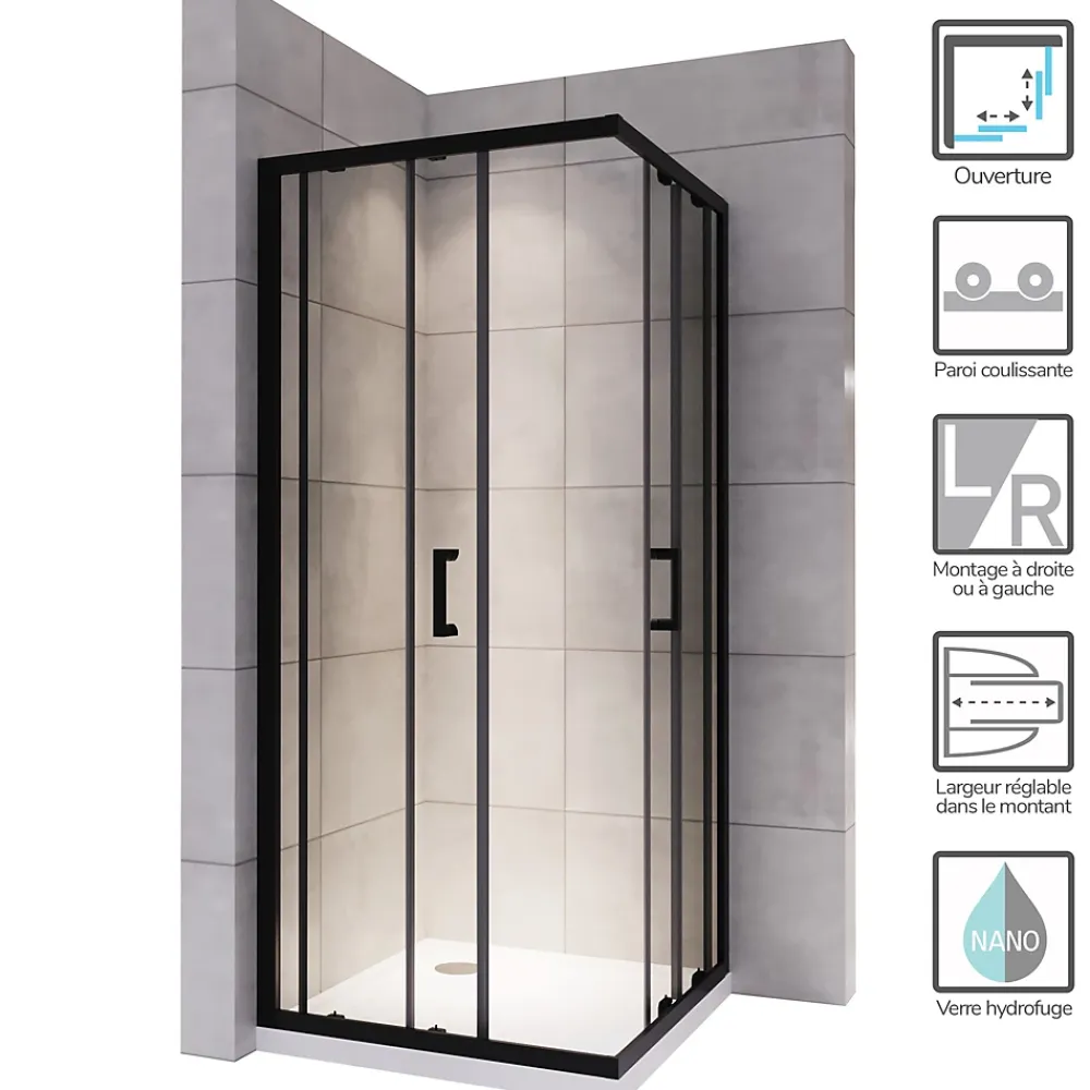 Saniverre Cabine de douche LANABLACK H.180 cm portes coulissantes verre 6 mm transparent 70 x 70 cm -