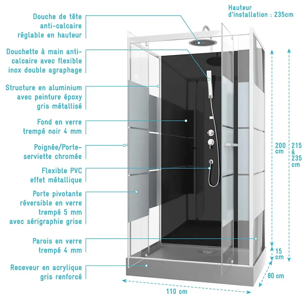 Aurlane Cabine de douche rectangle 110x80x225cm - SCRATCHY 110