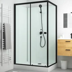 Aurlane Cabine de douche rectangulaire 110x80x197 cm - Porte coulissante - Fonds Blancs & Profilés Noir Mat