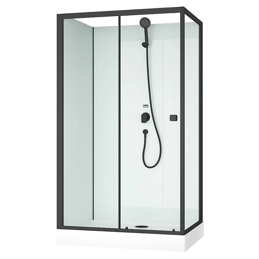 Aurlane Cabine de douche rectangulaire 110x80x197 cm - Porte coulissante - Fonds Blancs & Profilés Noir Mat