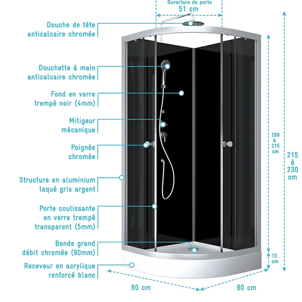 Aurlane cabine de douche ROUND SHADOW CORNER 90x90x230cm