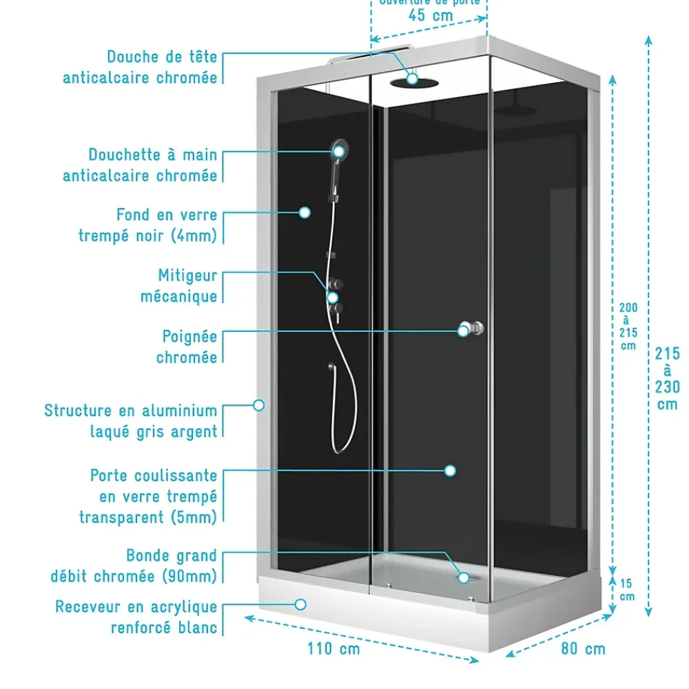 Cabine De Douche|Aurlane cabine de douche SHADOW CORNER RECTANGLE - 110x80x230cm