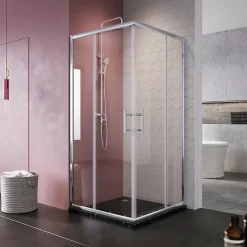Sirhona Cabine de Douche 76x76x185cm Double Porte Coulissante + Entrée d'angle + Verre trempé 6 mm + Argent Brillant