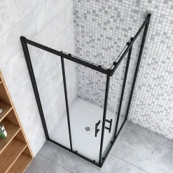 AICA Sanitaire Cabine de douche 80x80x200cm accès d'angle - Noir Mat , noire porte de douche coulissante, en 6mm verre anticalcaire,
