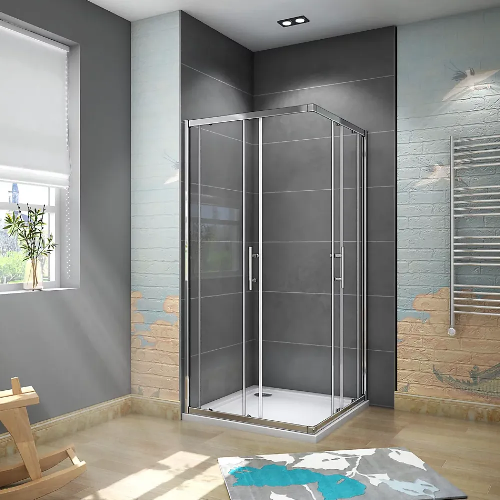 AICA Sanitaire Cabine de douche 90x90x185cm accès d'angle - Chromée , porte de douche coulissante, en 6mm verre anticalcaire