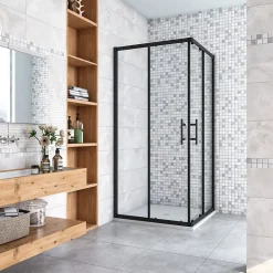 Cabine De Douche|AICA Sanitaire Cabine de douche 90x90x200cm accès d'angle - Noir Mat , noire porte de douche coulissante, en 6mm verre anticalcaire