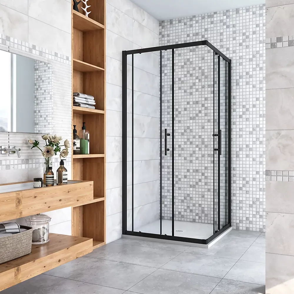 Cabine De Douche|AICA Sanitaire Cabine de douche 90x90x200cm accès d'angle - Noir Mat , noire porte de douche coulissante, en 6mm verre anticalcaire