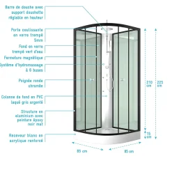 Cabine De Douche|Aurlane Cabine de douche 85x85x225cm 1/4 de cercle - ZEENY