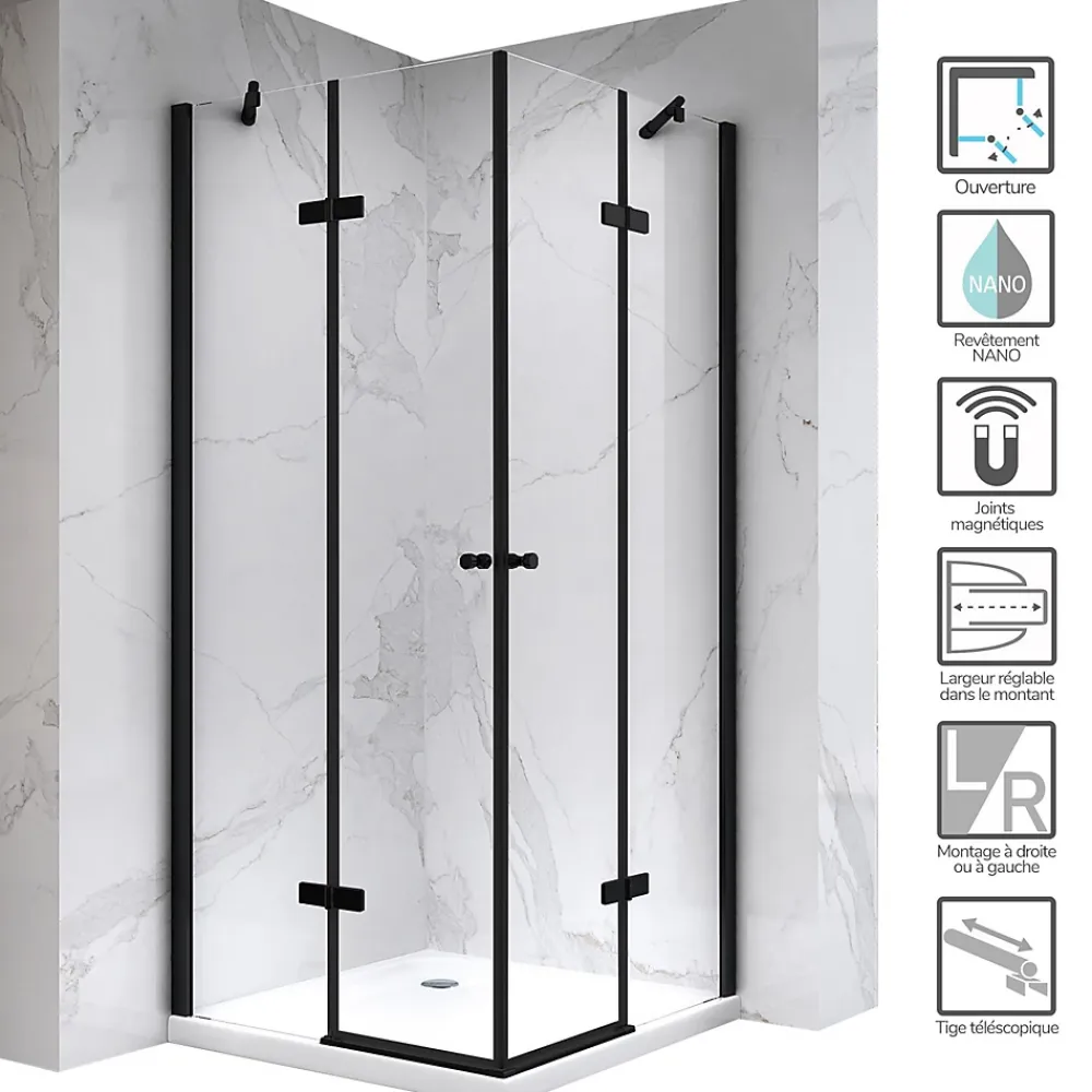 Cabine De Douche|Saniverre Cabine porte de douche d'angle MAYA-BLACK H190 cm, 70 x 120 cm, verre transparent -