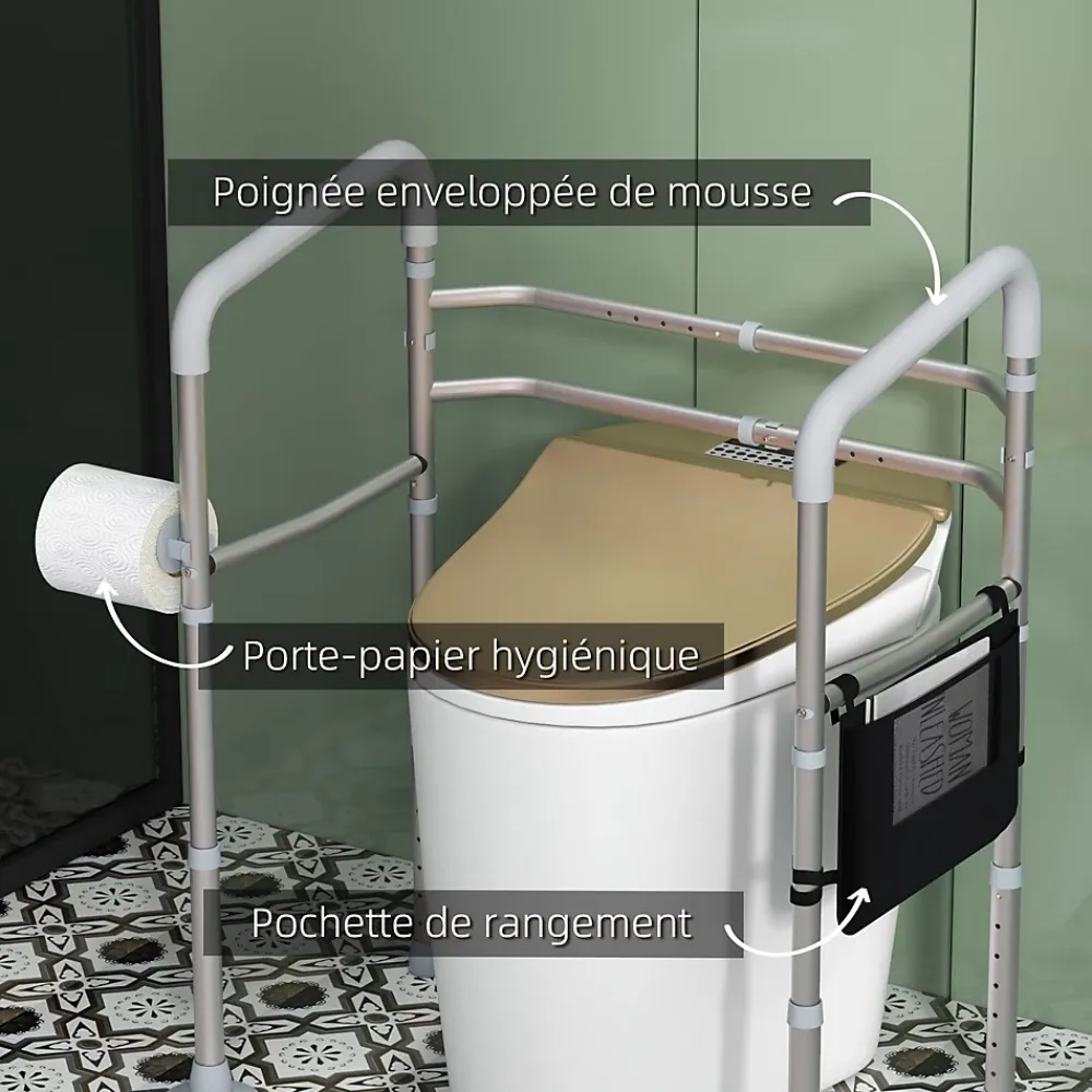 Wc Pmr|Homcom Cadre de sécurité de toilettes - cadre de toilettes réglable - barres d'appui rembourrées pour toilettes - alu. EVA gris