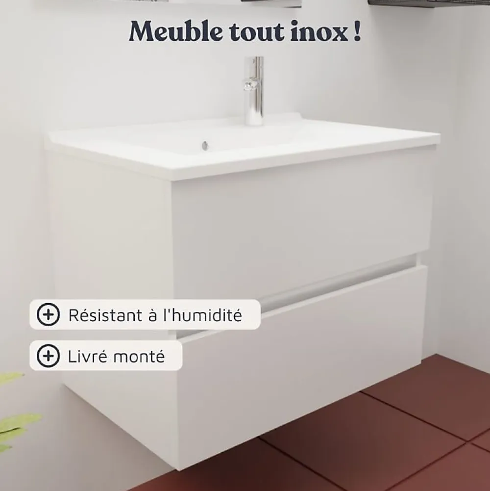 Meuble Sous-Vasque|Cuisibane Caisson de salle de bain ROSALY INOX - 70 cm- Blanc- Plan vasque en