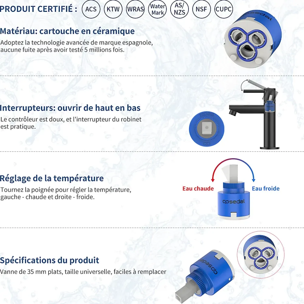 Accessoire De Robinet|Homelody Cartouche Céramique Sedal 35 mm pour Mitigeur Cartouche de Remplacement Universelle pour Robinet Cuisine et Salle de Bain