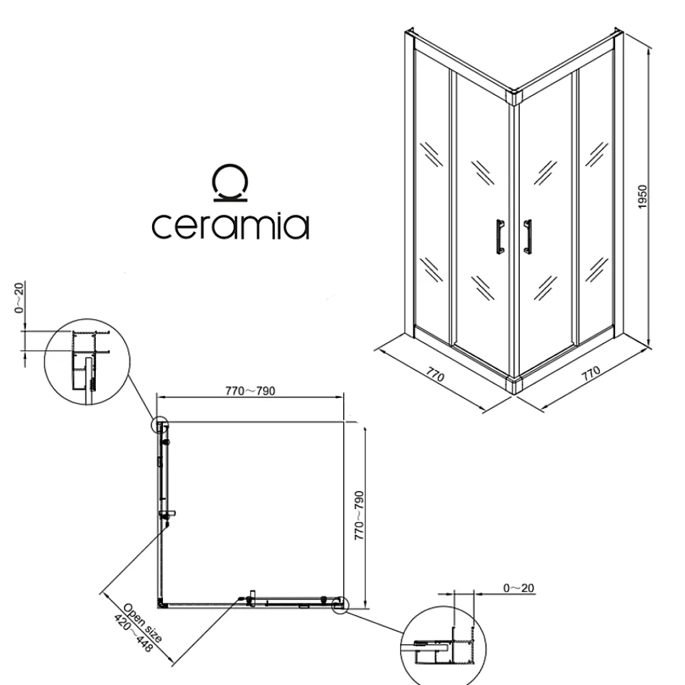 Ceramia CASCADA Porte de douche 80x80x195cm coulissante anticalcaire avec profilés Noir mat (CERAHC8080B)