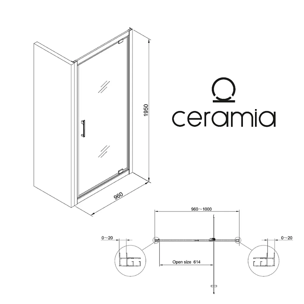Ceramia Zenith Porte de douche 100x195cm pivotante anticalcaire avec profilés Noir mat (CERAHZ100B)