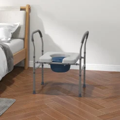 Homcom Chaise percée - Chaise de douche percée - hauteur réglable, seau amovible pliable - antidérapante - alu PVC gris