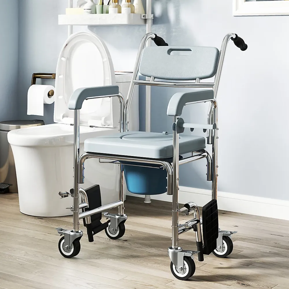 Homcom Chaise percée médicale à roulettes - repose-pieds, dossier, accoudoirs, pot amovible, support papier - alu blanc HDPE gris