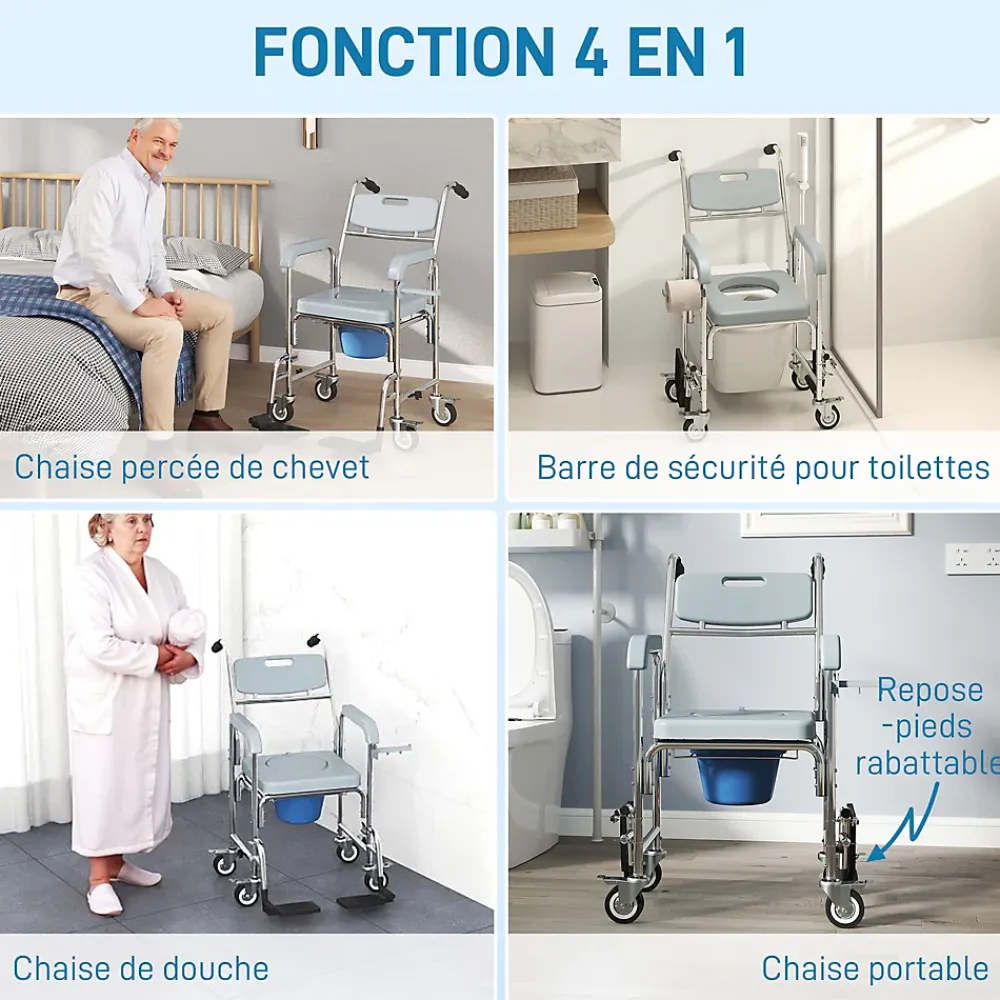 Homcom Chaise percée médicale à roulettes - repose-pieds, dossier, accoudoirs, pot amovible, support papier - alu blanc HDPE gris