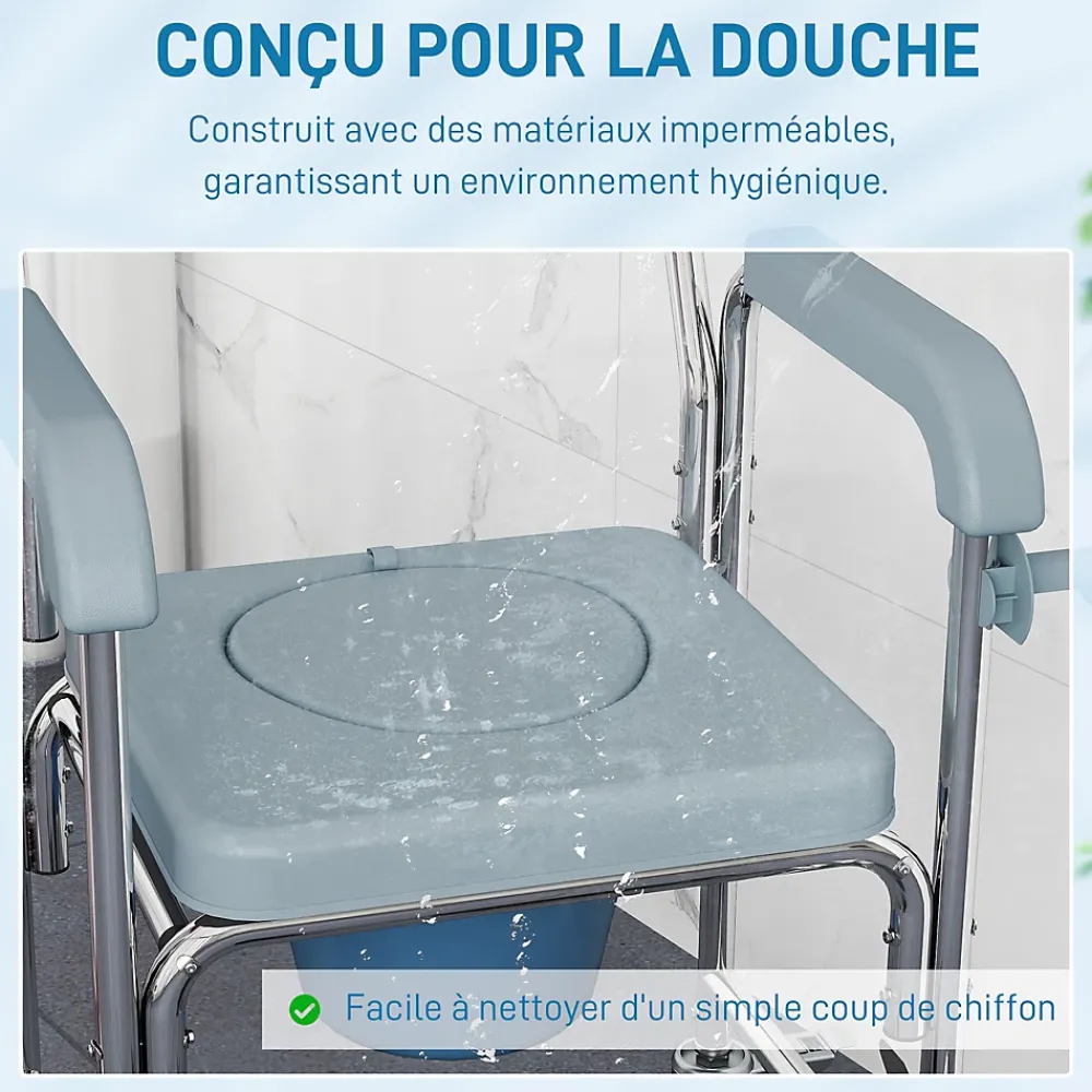 Homcom Chaise percée médicale à roulettes - repose-pieds, dossier, accoudoirs, pot amovible, support papier - alu blanc HDPE gris