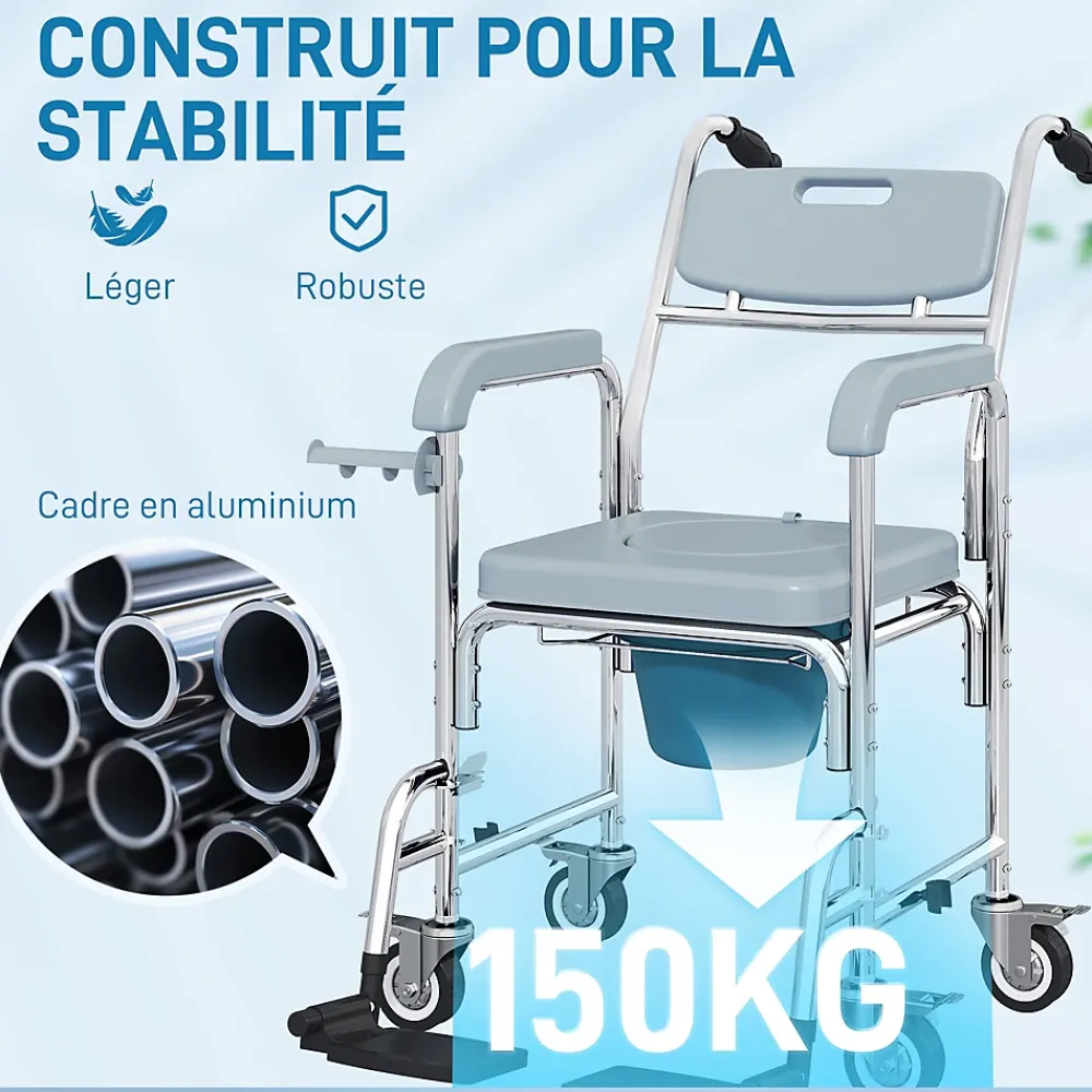 Homcom Chaise percée médicale à roulettes - repose-pieds, dossier, accoudoirs, pot amovible, support papier - alu blanc HDPE gris